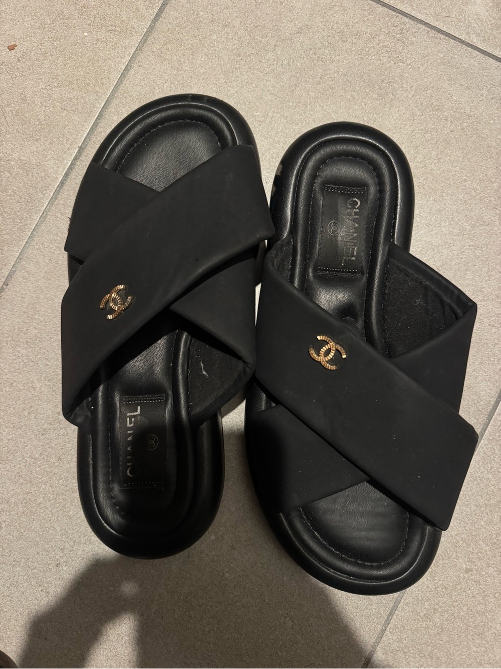 CHANEL Black Crisscross Slide Sandals with Gold CC